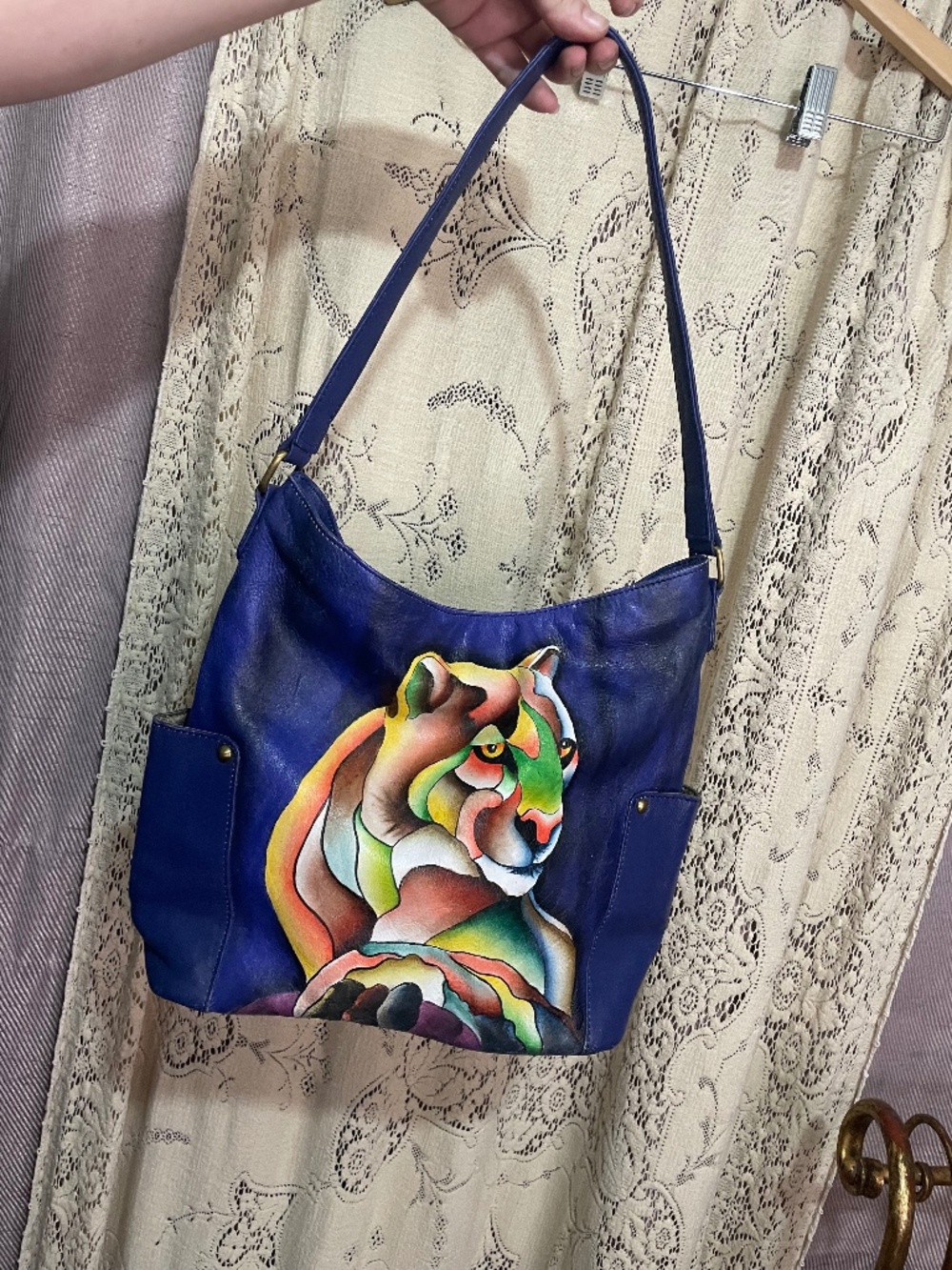 Sukriti: hand painted tiger/mountain lion leather hobo shoulder bag